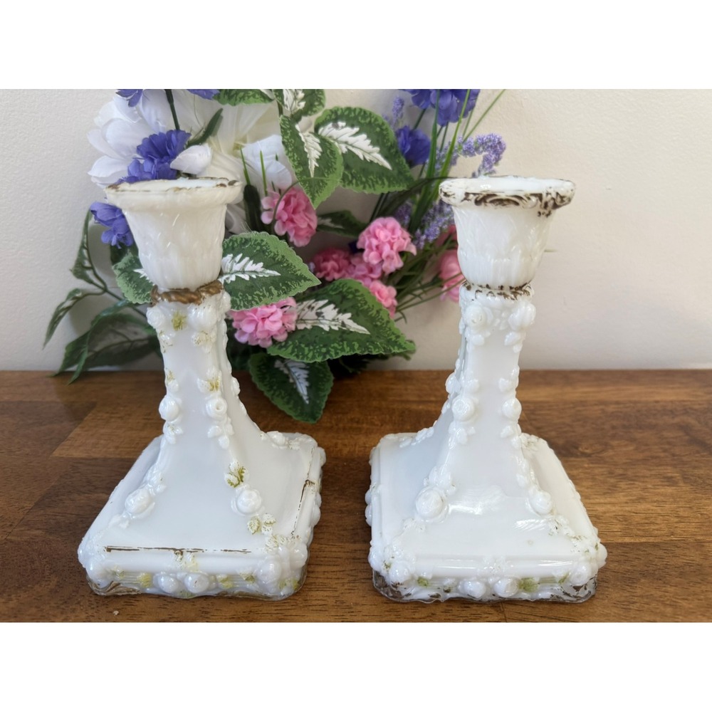 Antique Victorian Milk‎ Glass Candle Holders – Embossed Roses and Gold Trim Pair